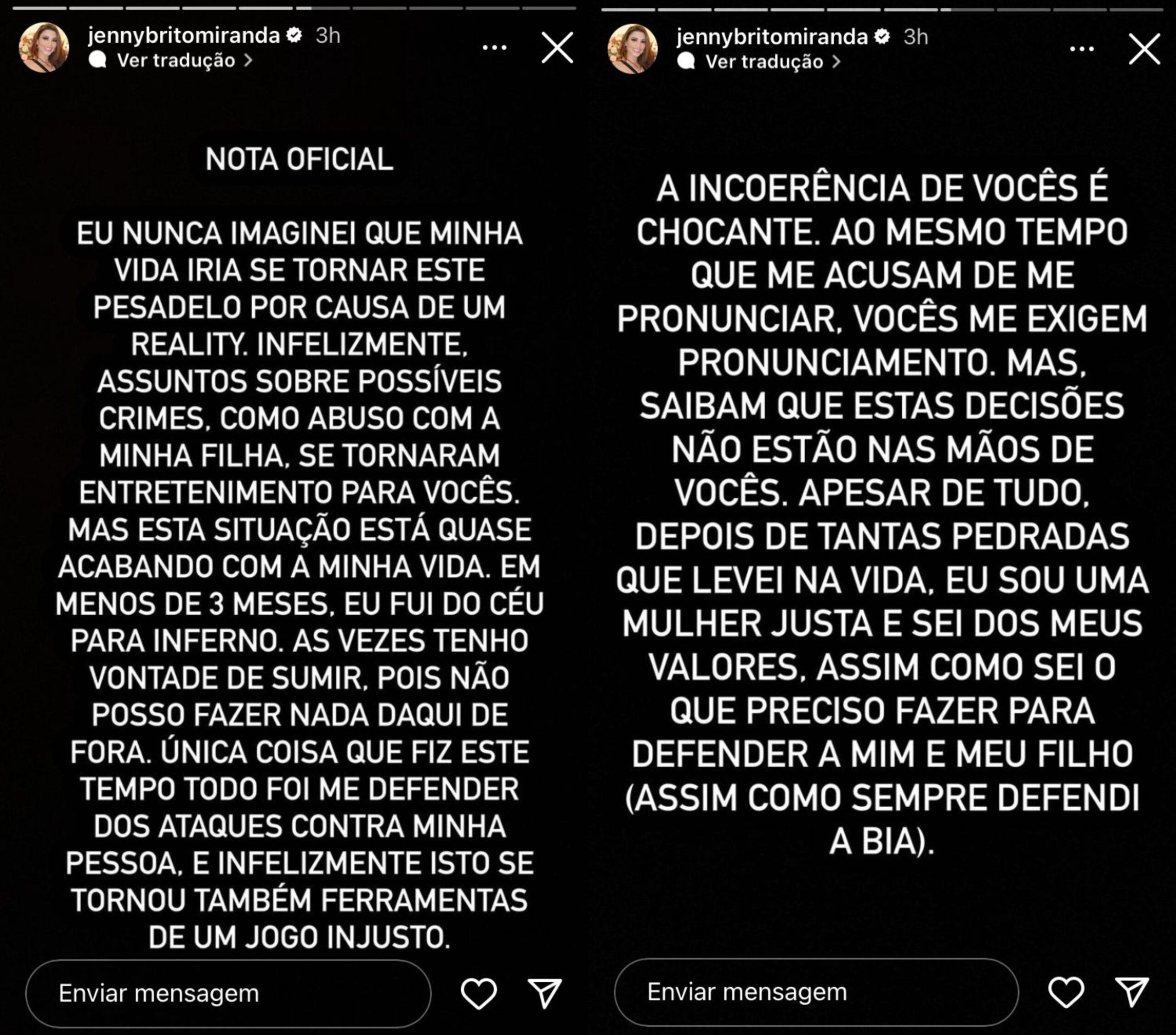 Dois Stories com uma mensagem escrito em branco em um fundo presto