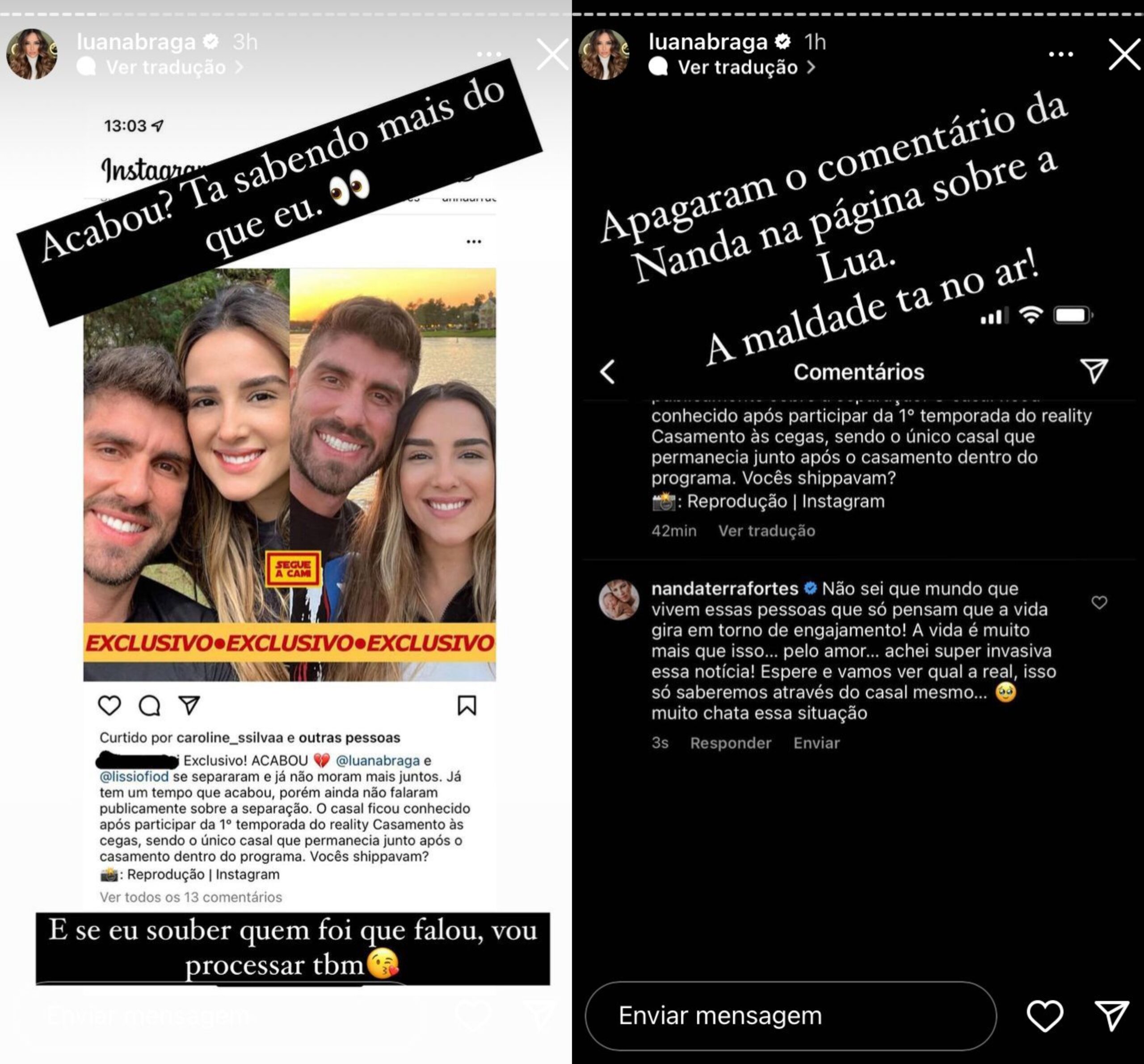 Dois Stories do Instagram, o primeiro um print de uma notícia com comentários e o segundo reproduzindo um comentário do Instagram