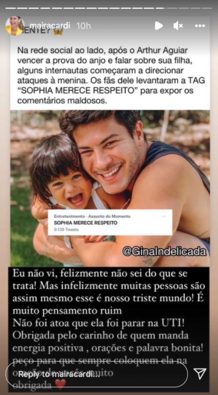 Filha de Arthur Aguiar e Maíra Cardi recebe críticas sobre sua aparência - Instagram/@mairacardi