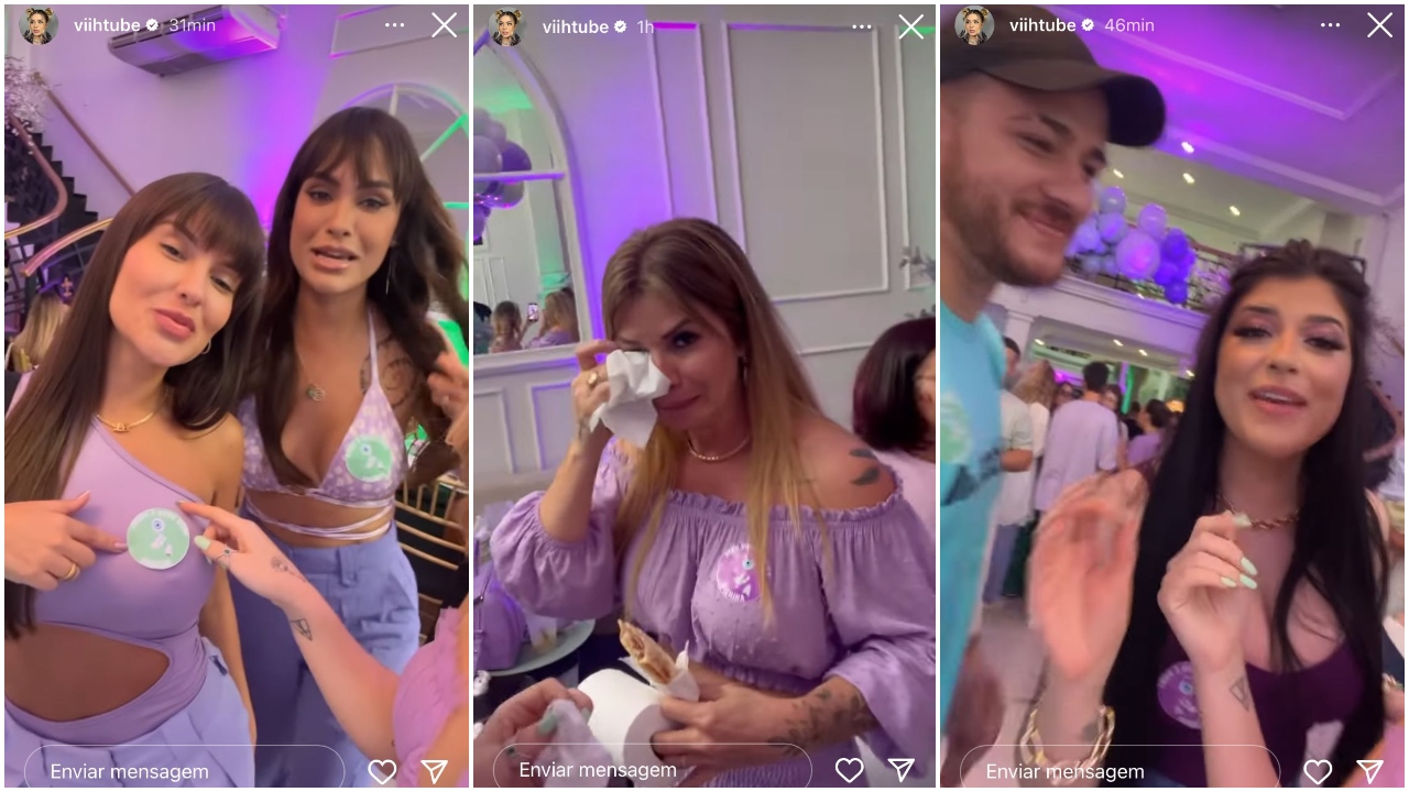 Três Stories do Instagram. No primeiro, duas mulheres caucasianas usando roupas lilás e um adesivo verde no peito. No segundo, uma mulher loira e branca, também usando roupa lilás, secando as lágrimas com um lencinho de papel. Na terceira, um homem e uma mulher, ele vestindo um boné preto e uma camiseta verde, e ela com um óculos de sol na cabeça e uma blusa roxa