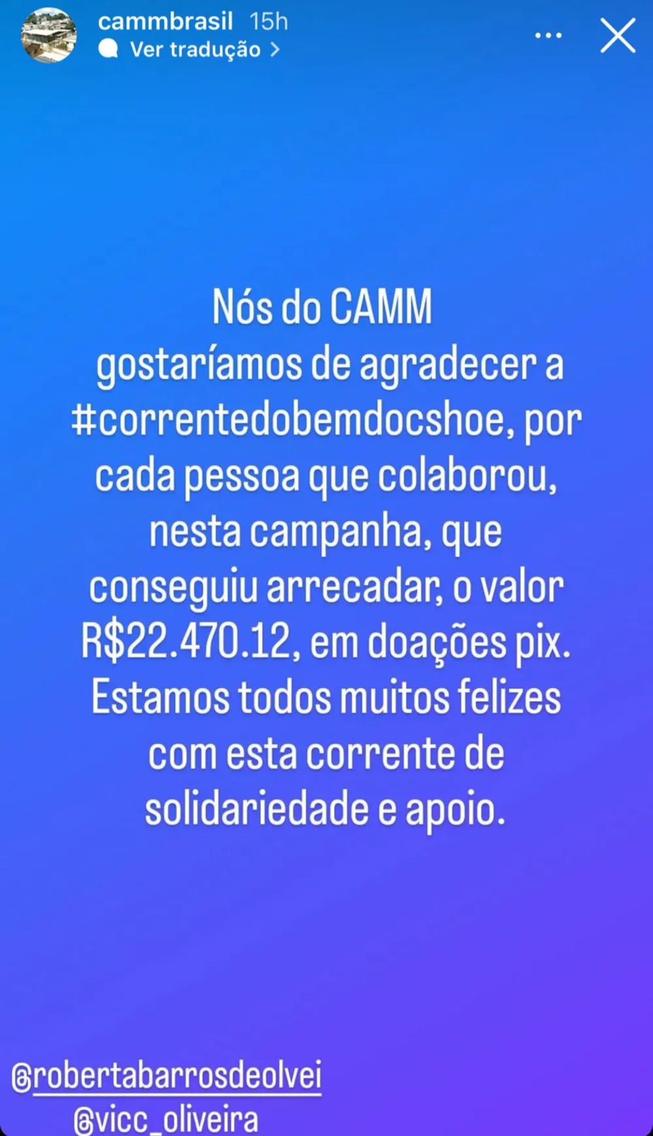 Story da ONG dos pais de Domitila Barros agradecendo às Docshoes