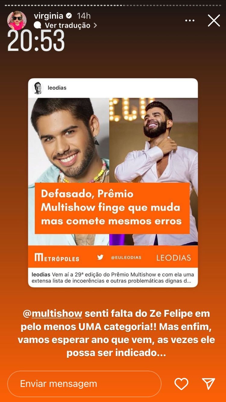 Story do Instagram com fundo preto e laranja. Na frente, um post com a imagem dos cantores Zé Felipe e Gusttavo Lima dizendo: "Defasado, Prêmio Multishow finge que muda mas comete mesmos erros". Em baixo, uma mensagem escrita em branco, e em cima, o horário na qual foi publicado o Story