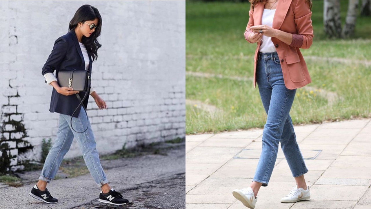 Jeans e tênis e uma boa combinação de look que pode ser usada de uma maneira elegante com peças como o blazer