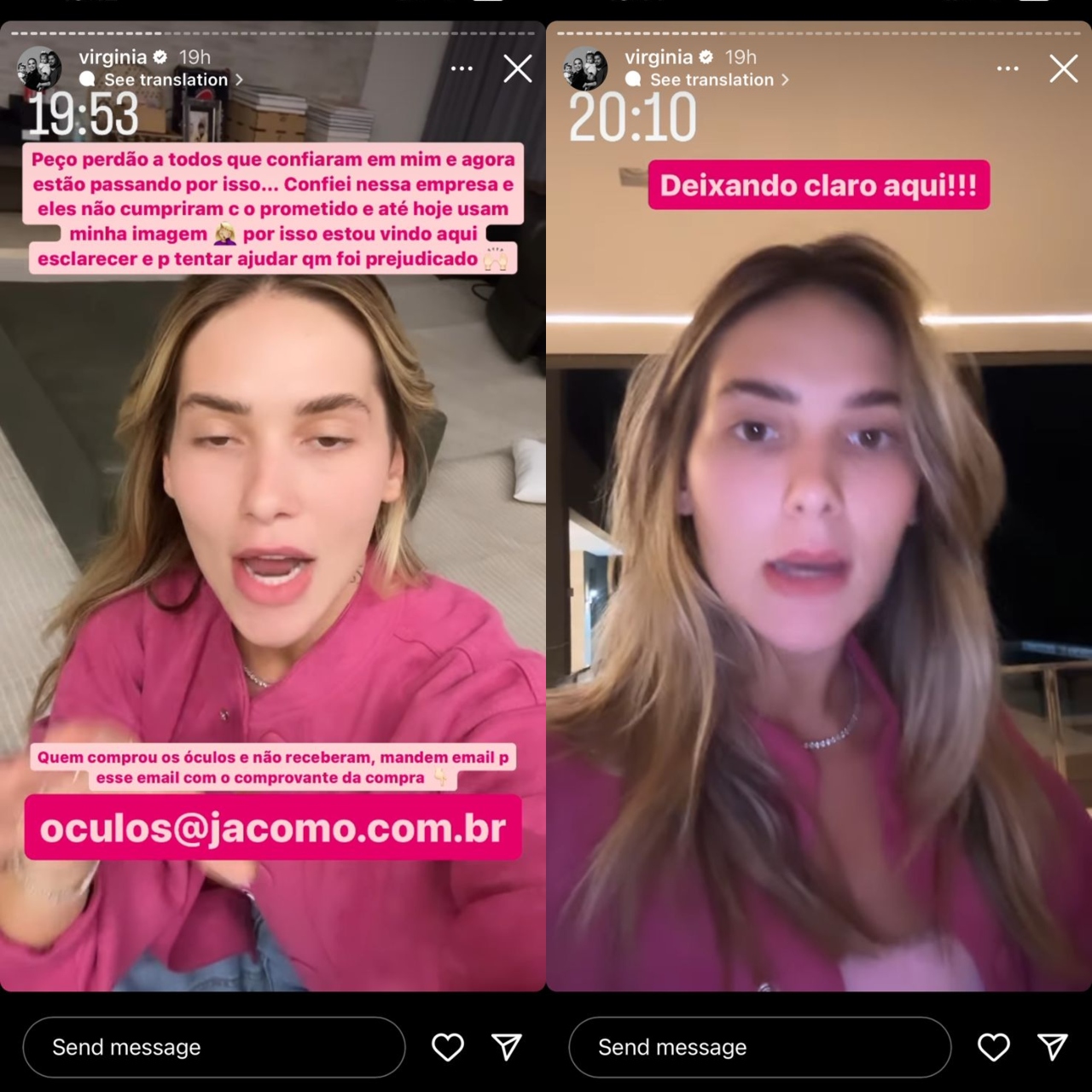 Dois Stories de Virginia pedindo desculpas aos seguisores