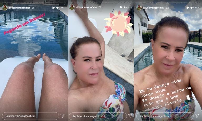 Zilu Camargo ostenta pernas em cliques na piscina