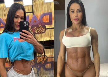 Para esclarecer boatos, Gracyanne postou um antes e depois e afirmou que não engordou tudo isso, para tranquilizar os fãs. Fotos: Reprodução Instagram