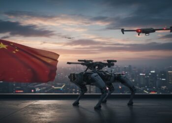 Enxames de drones coordenados por inteligência artificial agilizando decisões no campo de batalha. - Créditos : IA