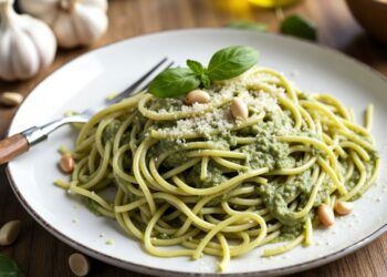 Espaguete com pesto de brócolis cremoso