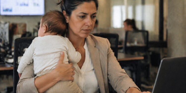 Mulher no escritório com bebê no colo enquanto trabalha, ilustrando o impacto da maternidade na carreira feminina