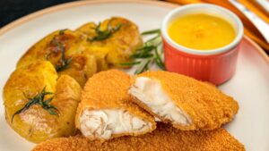 Tilápia empanada com batata ao murro e molho de laranja