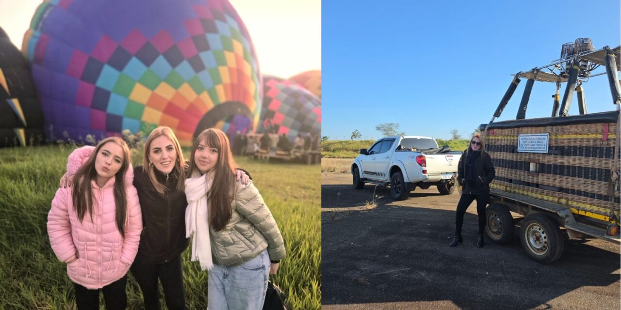 As meninas, Lara e Sarah ficaram maravilhadas com a aventura. Na foto, visualizamos o cesto com a estrutura de apoio e caminhonete da empresa, após o pouso tranquilo e seguro. Foto: Arquivo Pessoal.