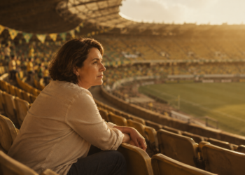 Toda carreira precisa de torcida: mulher observa o campo de futebol da arquibancada durante a Copa do Mundo.