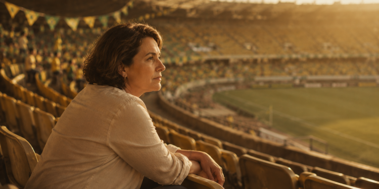 Toda carreira precisa de torcida: mulher observa o campo de futebol da arquibancada durante a Copa do Mundo.
