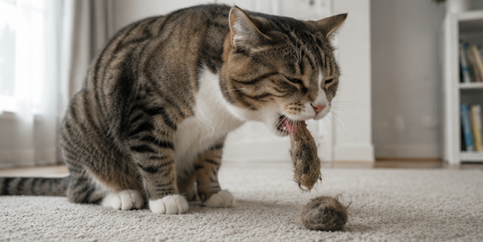 Gatos regurgitam bolas de pelo com frequência - mas o que isso significa? Foto: ChatGPT