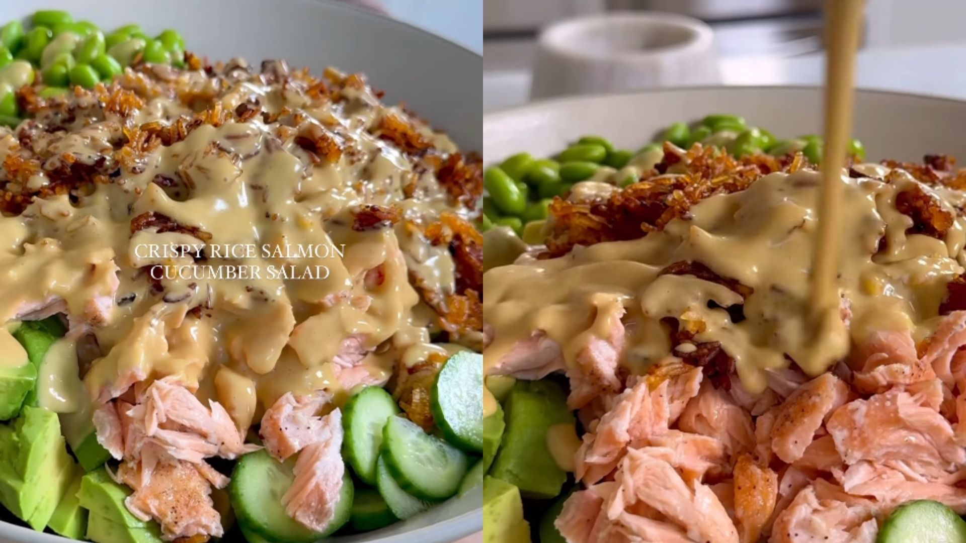 Salada de arroz crocante, salmão e pepino com molho asiático cremoso