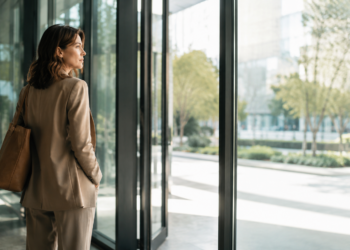 Mulher observa a saída de um prédio corporativo durante reflexão sobre um período sabático e uma pausa na carreira.
