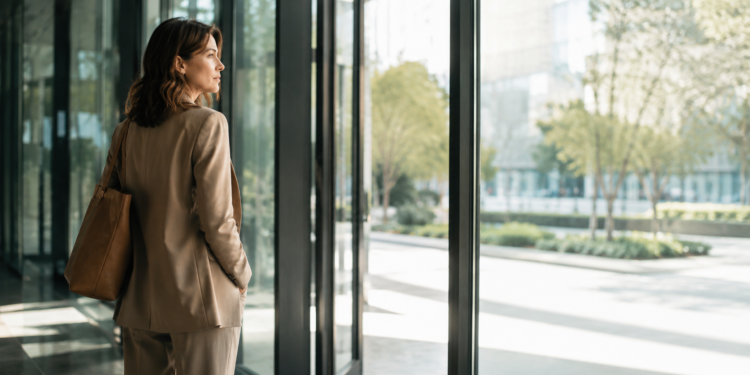 Mulher observa a saída de um prédio corporativo durante reflexão sobre um período sabático e uma pausa na carreira.